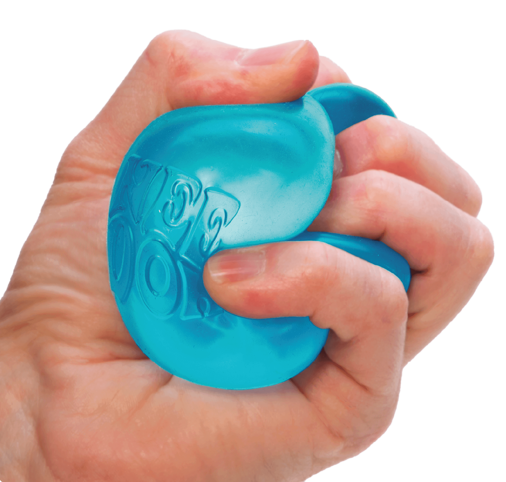 A hand squeezing a blue NeeDoh® Nice Cube
